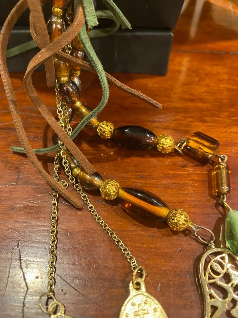 Wacky Item for Challenge Gold-Tone Multi Charm Necklace with Amber color Beads - Picture 6 of 12